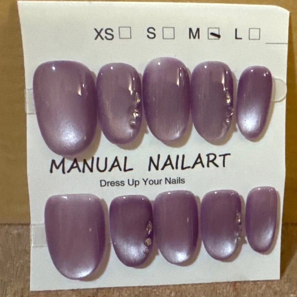 Purple Cat Eye Press On Nails Medium Size Almond Rhinestone Accent Manicure Set